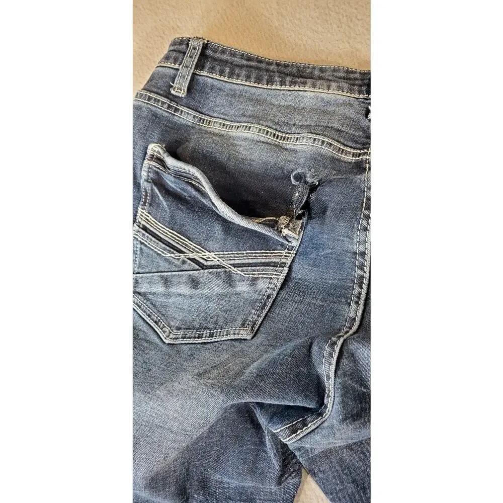 BKE Tyler Straight Jeans Mens 34x32 Dark Wash Distressed Buckle Denim Casual